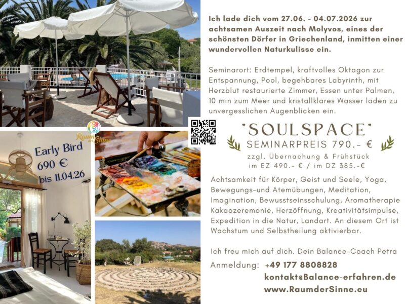 "Souljourney" Achtsamkeit & Coaching & Kreativität auf Lesbos in Griechenland 27.06. - 04.07.2026